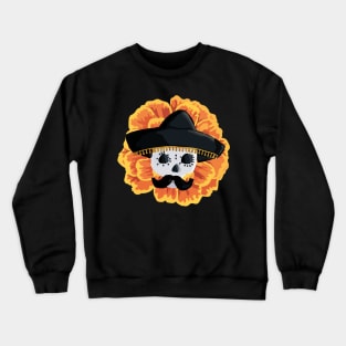 Charro mexican kawaii cute sugar skull mexican style cempasúchil mustache mexican sombrero skeleton Crewneck Sweatshirt